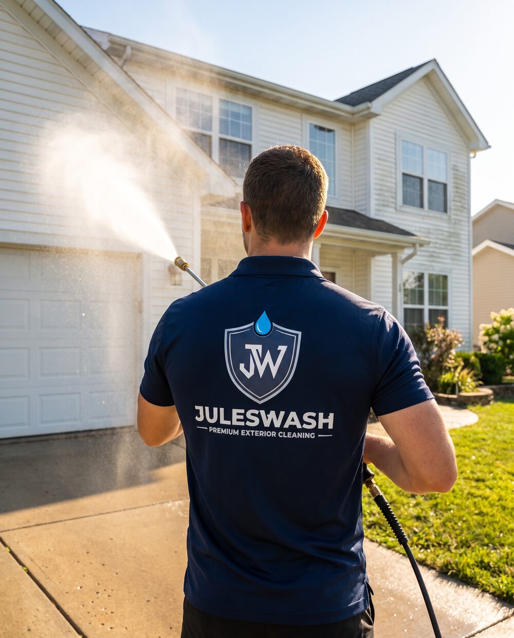 JulesWash technician pressure washing a home exterior